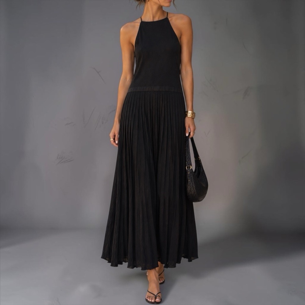 Tibi 100% Silk Pleated Halter Midi Maxi Dress Sz 2 Minimalist Quiet Luxury